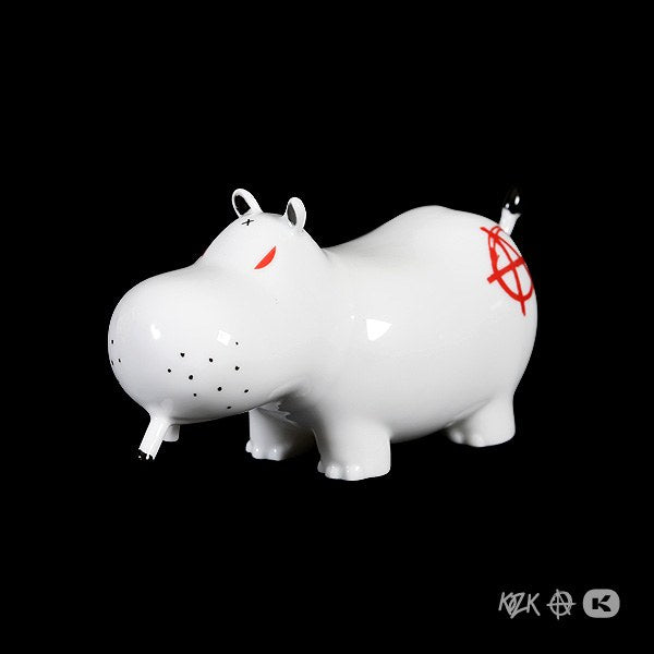 Potamus Red Anarchy figurine by Frank Kozik, crafted from Limoges porcelain, featuring a white enamel finish and red Anarchist logo.